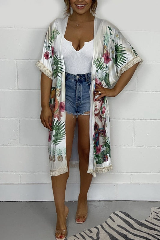 Women's Fringed tropical print blouse