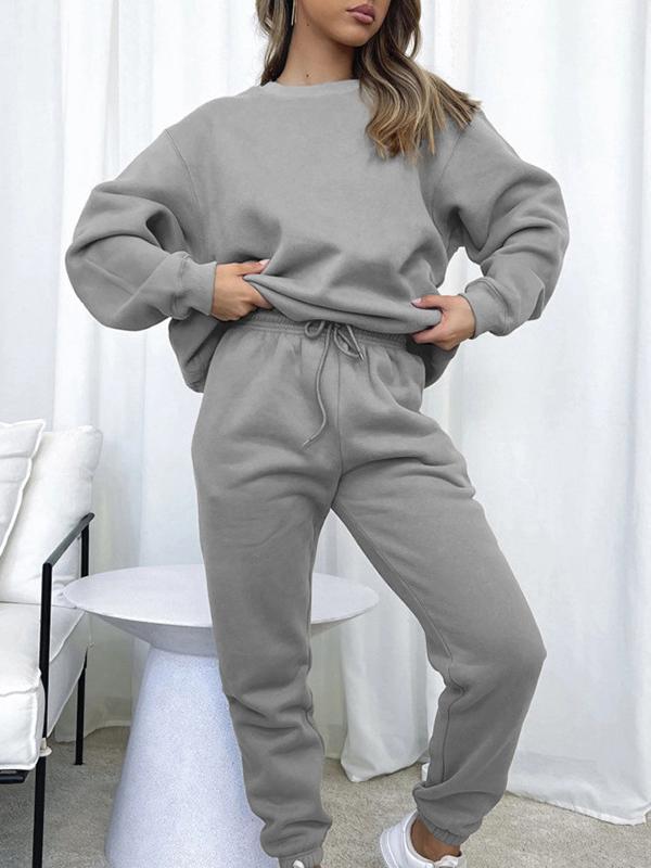 Solid color round neck trousers and long sleeve sweatshirt suit Grey