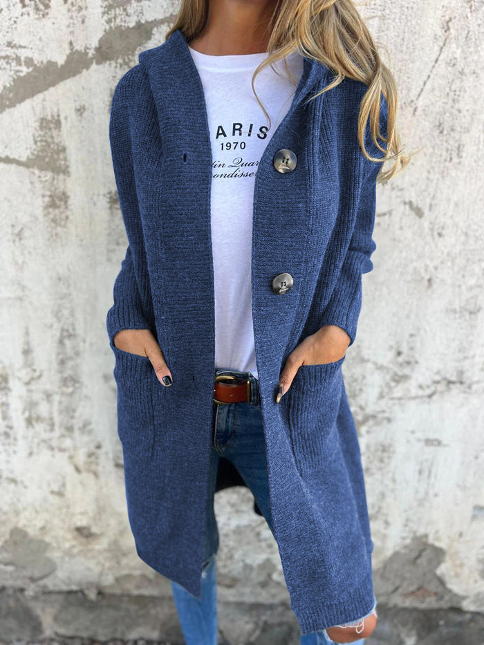 Hooded Knitted Long Cardigan Jacket blue