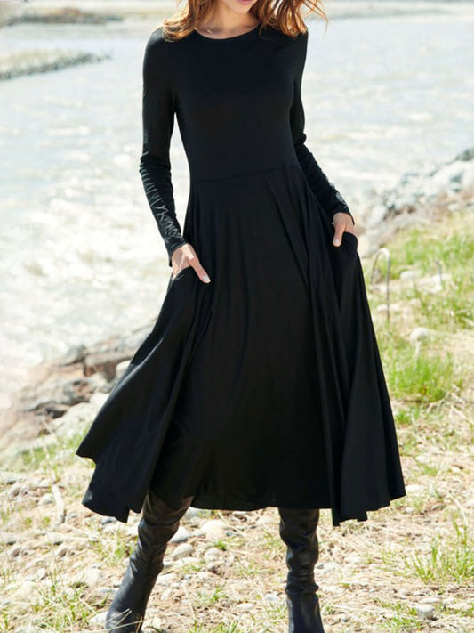 Crew Neck Plain Jersey Casual Midi Dress Black