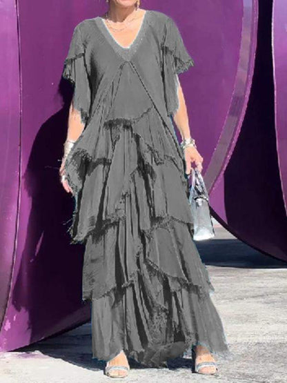 Elegant V-neck fashionable cake long dress Dark gray