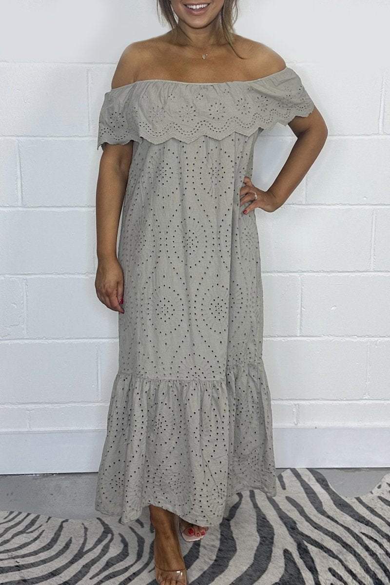 Solid color embroidered English maxi dress Gray