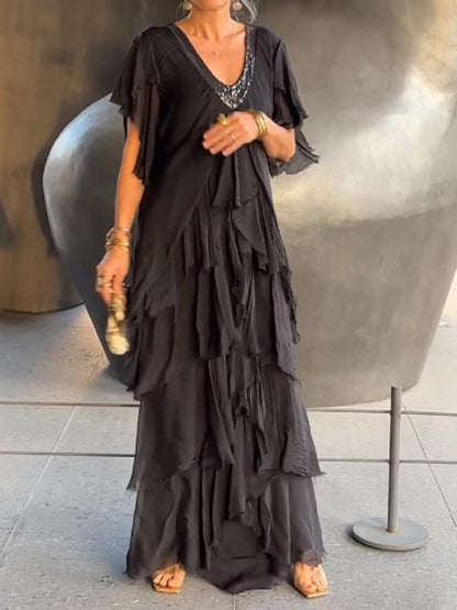 Elegant V-neck fashionable cake long dress Black