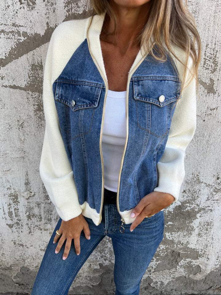 Casual V-neck Zipper Jacket blue