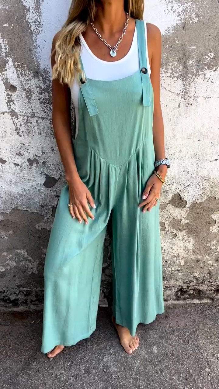 Sleeveless Casual Jumpsuit with Suspenders Cyan