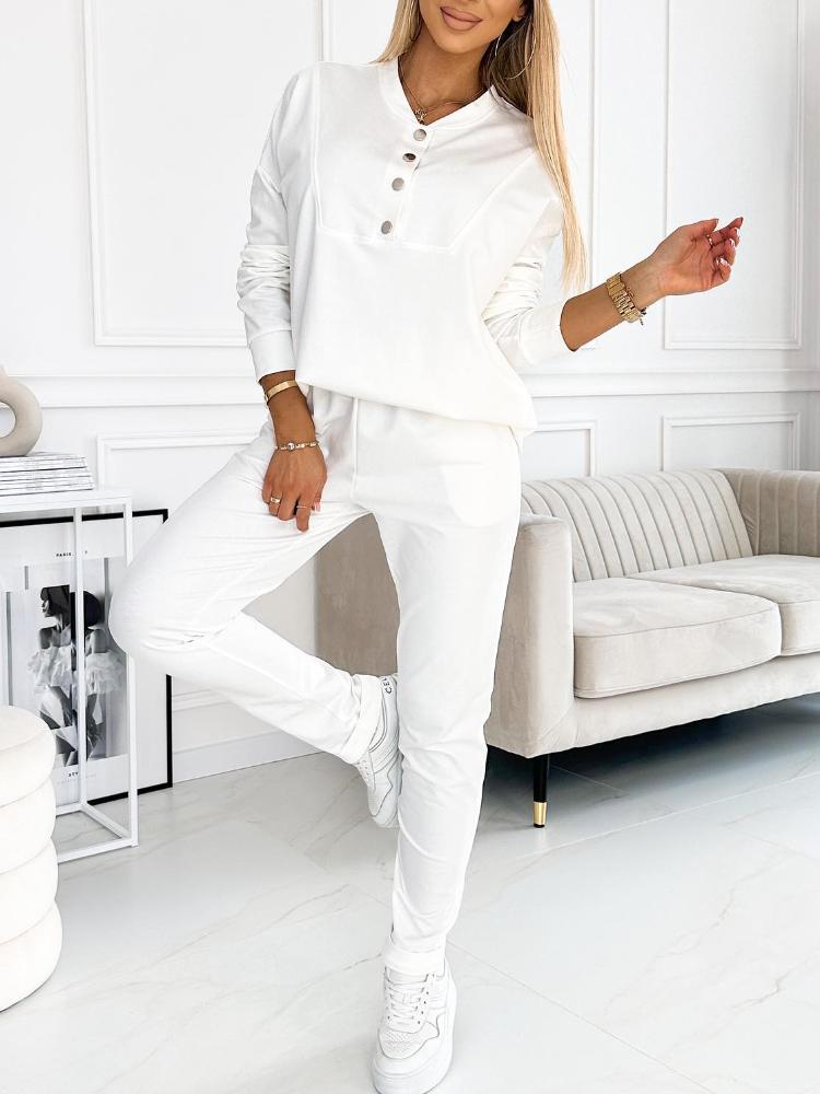 Women's Fashion Button Front Sweatshirt and Lined Pants Set White