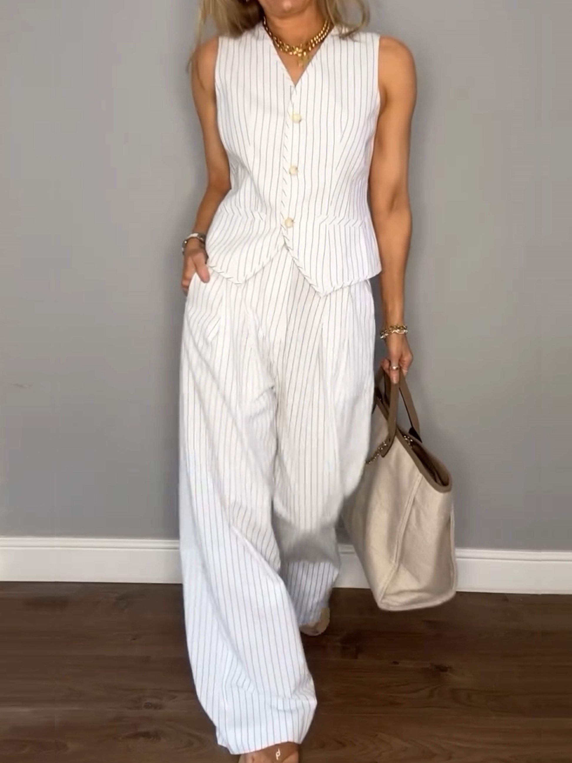 Casual V-neck Striped Two-piece Suit White