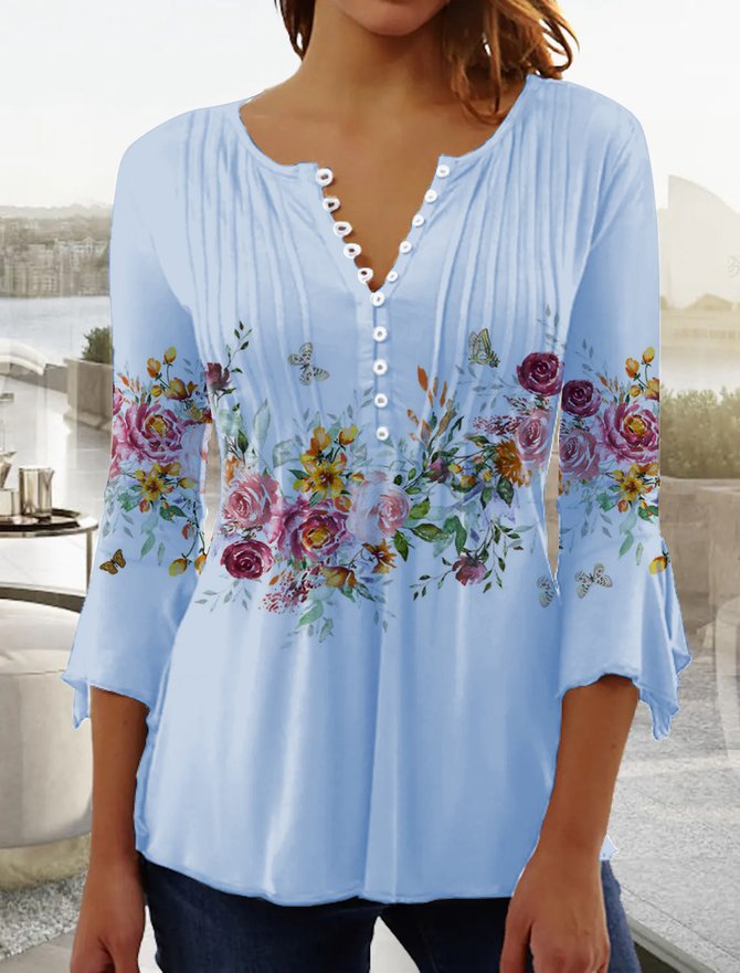 Women's Ethnic Casual V-neck A-Line Tops Blue