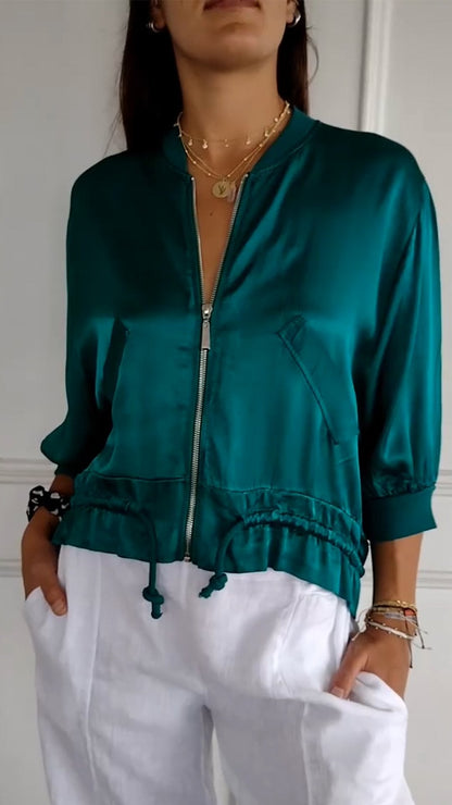 Crew Neck Zipped Satin Cropped Jacket dark green