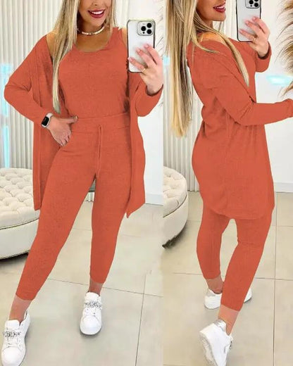 Women's Round Neck Tank Top & Drawstring Pants Set With Coat Orange