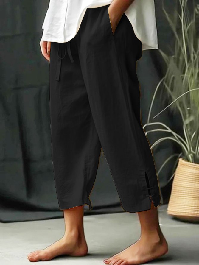 Elastic Band Loose Plain Casual Pants Black