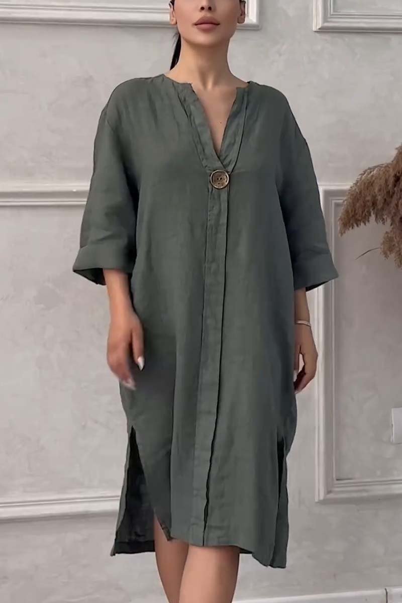 Casual buttoned cotton and linen dress Army green