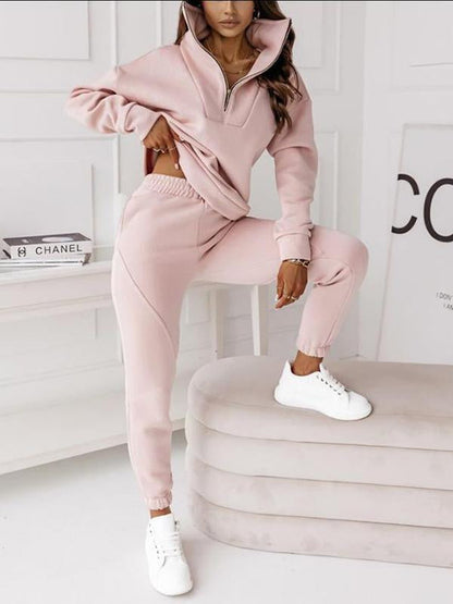 Hoodie Stand-up Collar Zipper Jacket Solid Color Long Pants Suit