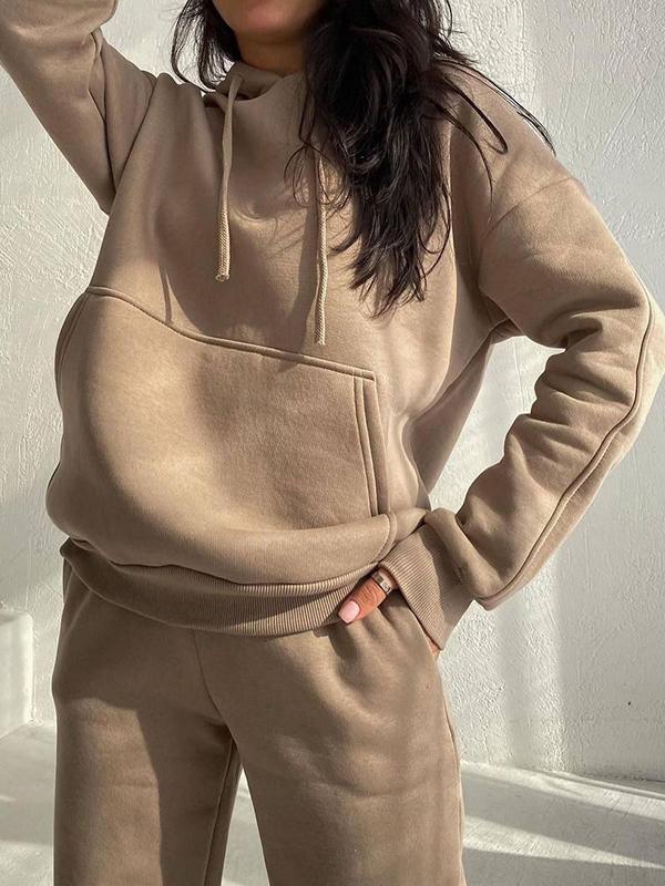 Fleece hooded sweatshirt and trousers two-piece set Khaki