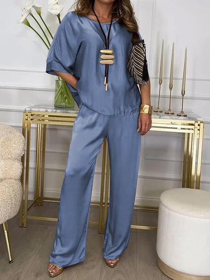 Casual Crew Neck Satin Suit blue