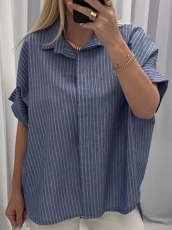 Women's Lapel Striped Shirt blue