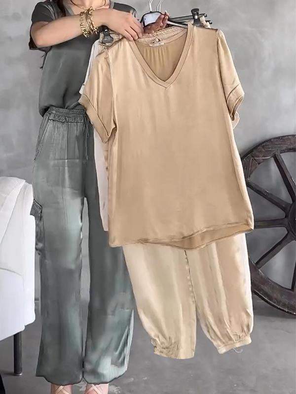 Casual V-neck Short-sleeved Satin Suit khaki