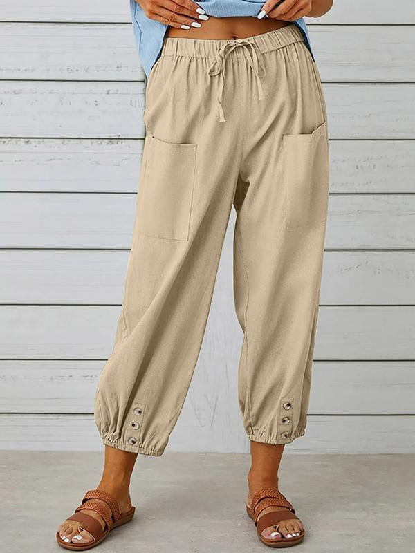 Women's pants High-waisted buttoned cotton hemp pants nine-point pants wide-legged Khaki