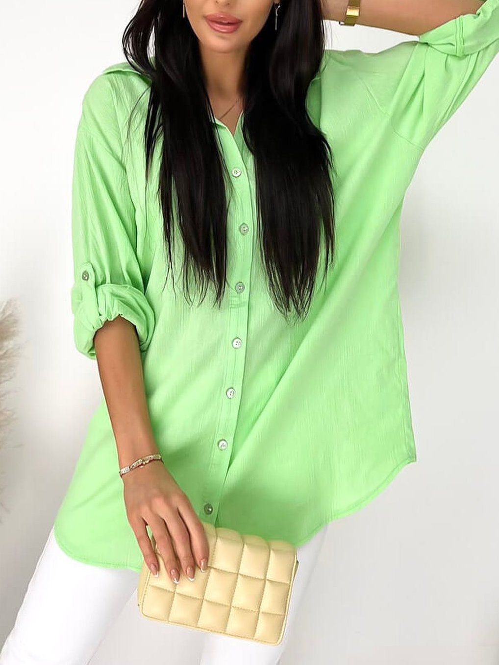 Women's Casual Solid Color Button Front Blouse Green