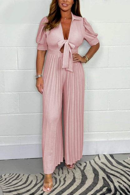 Pleated pure color jumpsuit Pink