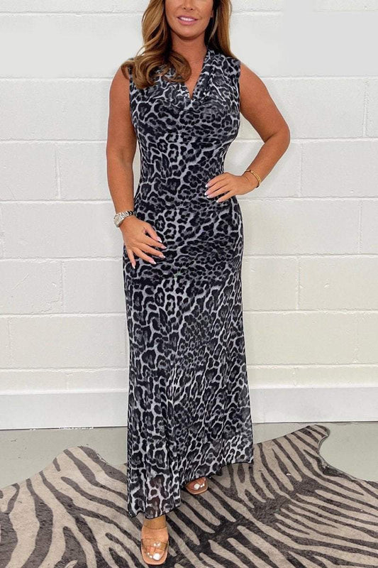 Leopard Printed Ruched Maxi Dress Black and Grey