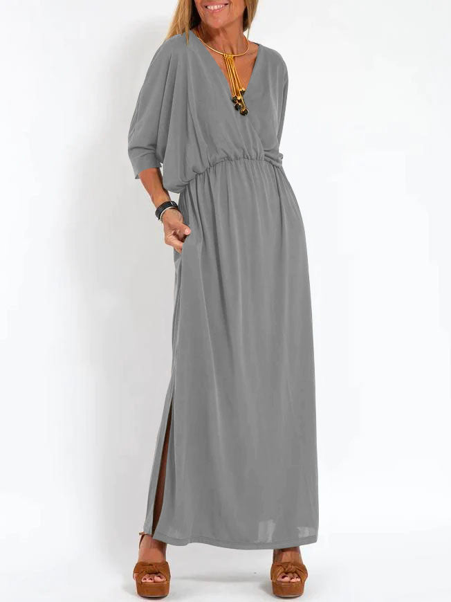 Women's Casual Solid Color V Neck Slit Dress Grey