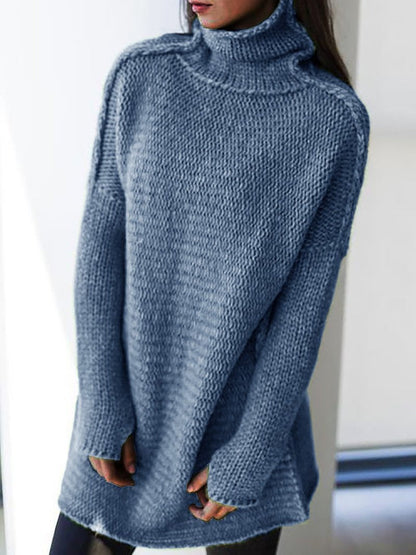 Solid Color Turtleneck Long Sleeve Pullover blue