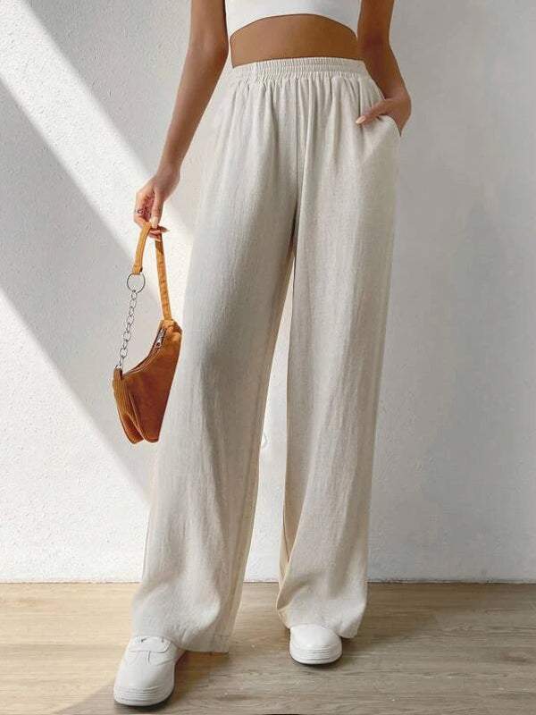 Solid Slant Pocket Wide Leg Pants