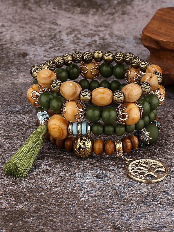 Boho Style Multi-layered Wooden Beaded Bracelet Army green One Size