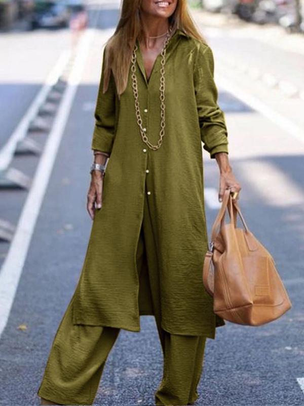 Casual Shirt and Long Sleeve Pant Suit Army green