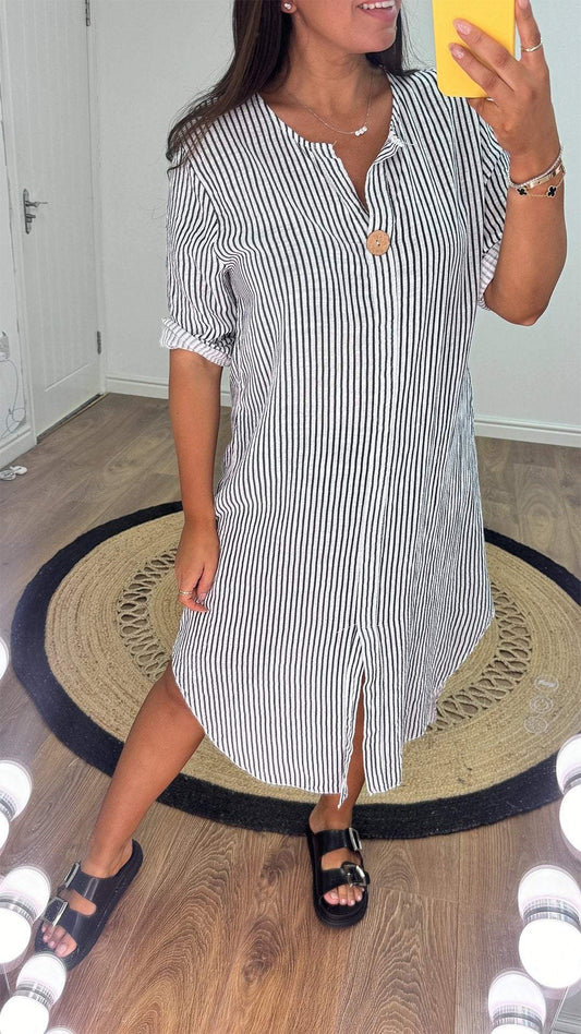 V-neck Short-sleeved Striped Casual Dress Light blue