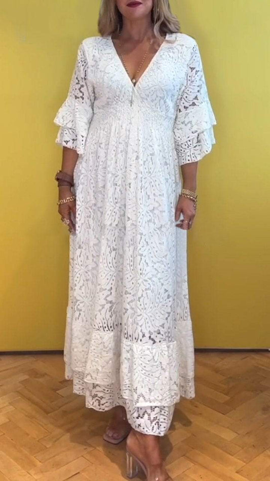 Women's V-neck Lace Trumpet Sleeve Dress