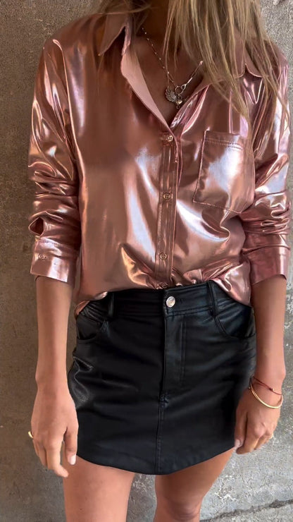 Lapel Long Sleeve Laser Design Top pink