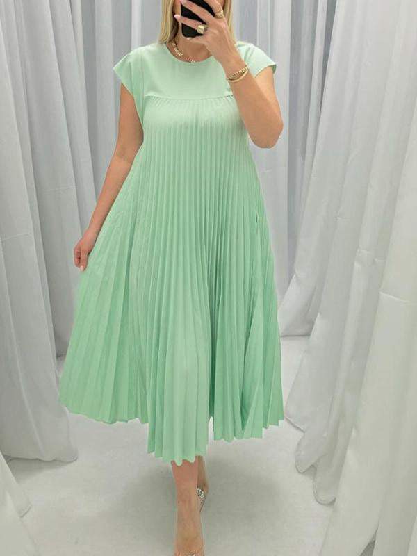 Round Neck Pleated Cap Sleeve Dress green