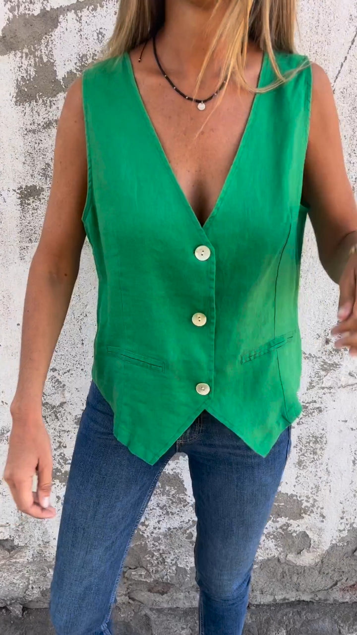 V-Neck Cotton And Linen Vest green