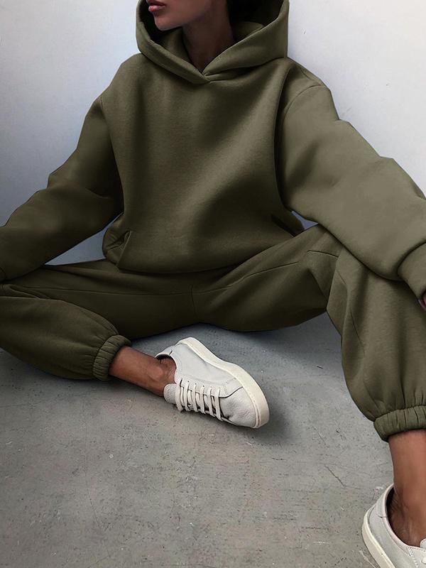 Casual fashion thickened long-sleeved sweatshirt and trousers two-piece set for women Army Green