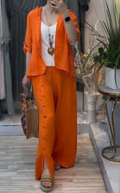 Women's Hooded Solid Color Cotton and Linen Two-piece Suit