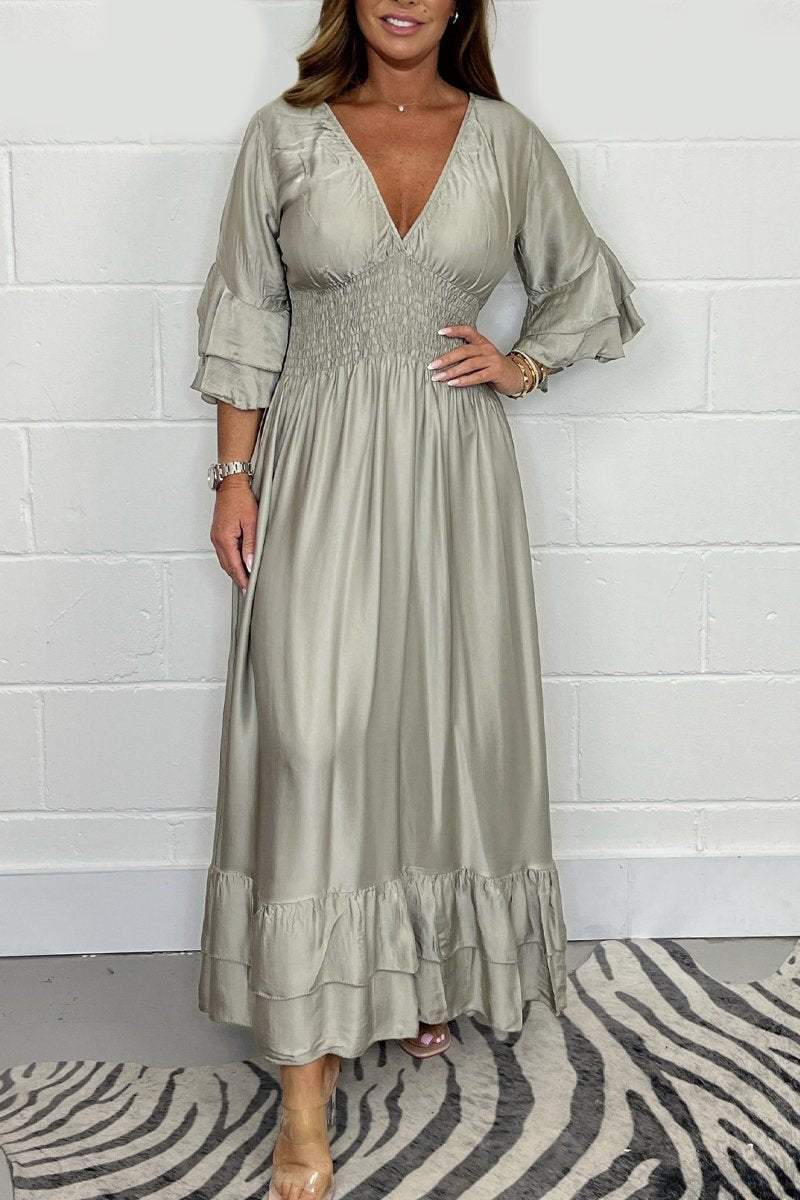 Satin ruffle maxi dress Beige