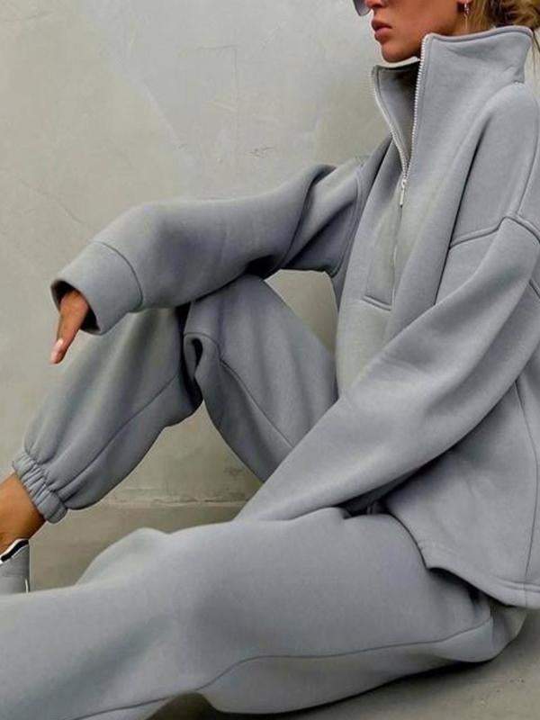 Women's long-sleeved stand-up collar zipper sportswear casual two-piece set Gray