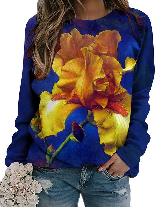 Casual Round Neck Colorful Printed Long Sleeve Top dark blue