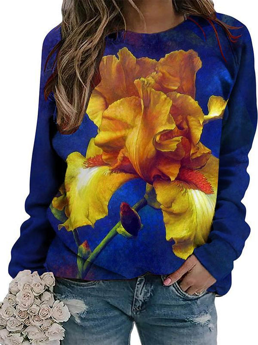 Casual Round Neck Colorful Printed Long Sleeve Top dark blue