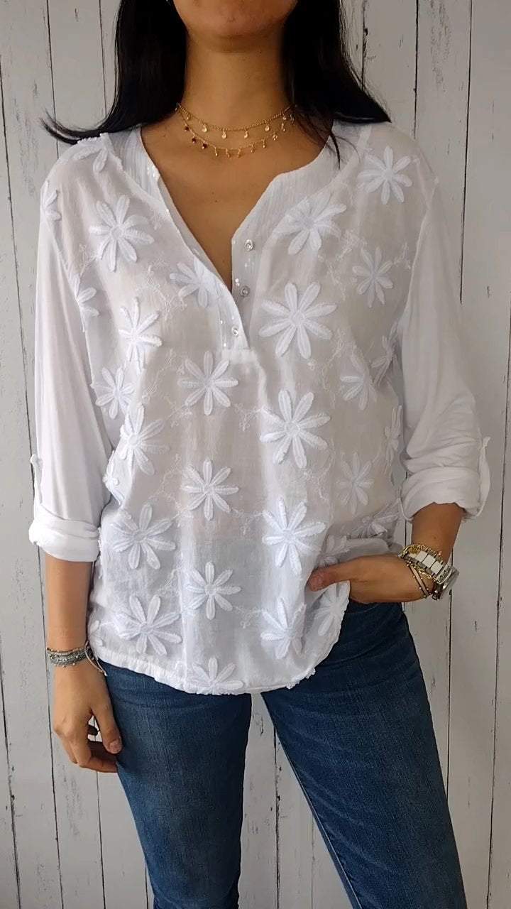 V-neck Mid-sleeve Top with 3D Floral Design White