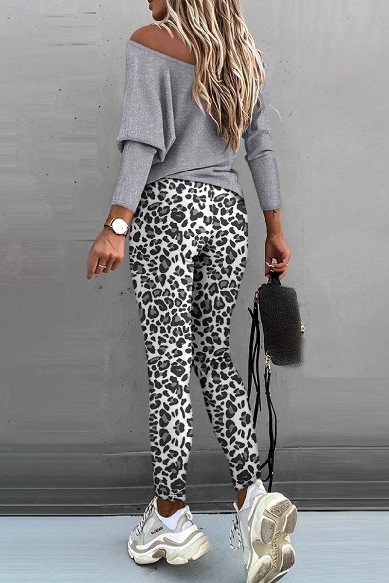 Casual Leopard print Long Sleeve Tops and Trousers Suit