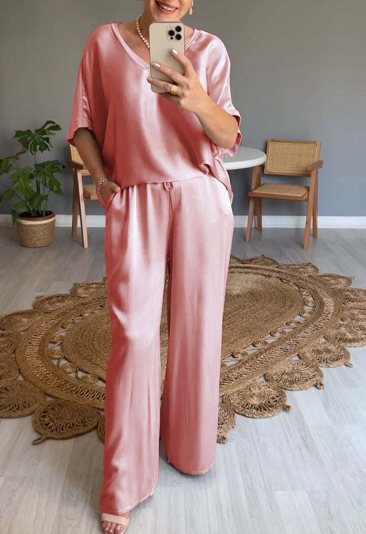 V-neck Satin Two-piece Suit pink