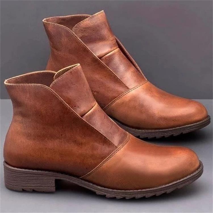 Round Toe Casual Women's Leather Boots Sleeve Martin Boots Brown