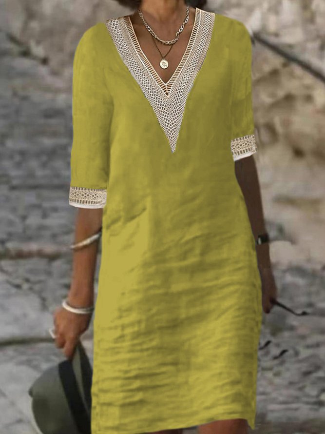 Plain Casual V Neck Cotton Dress Yellow