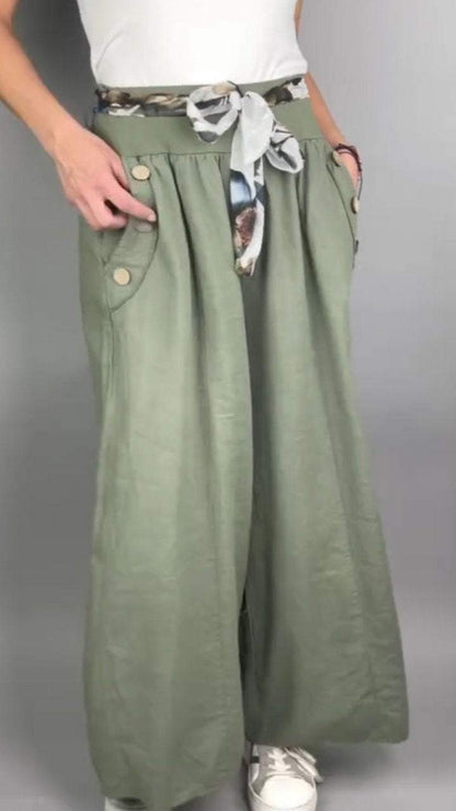 Cotton and Linen Wide-leg Pants with Button Pockets green