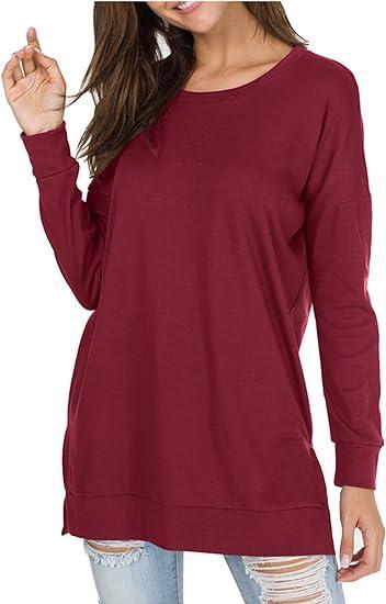 Round Neck Casual Solid Color Top long-sleeves burgundy