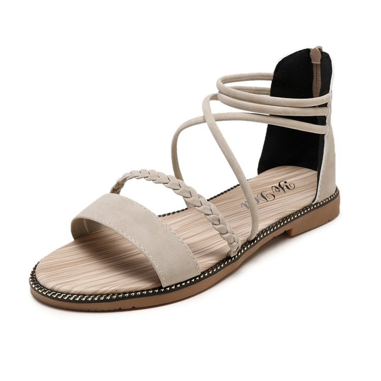 Criss Cross Braided Detail Flat Sandals Beige