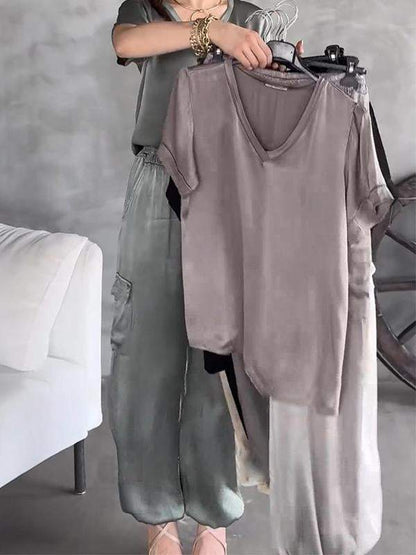 Casual V-neck Short-sleeved Satin Suit gray